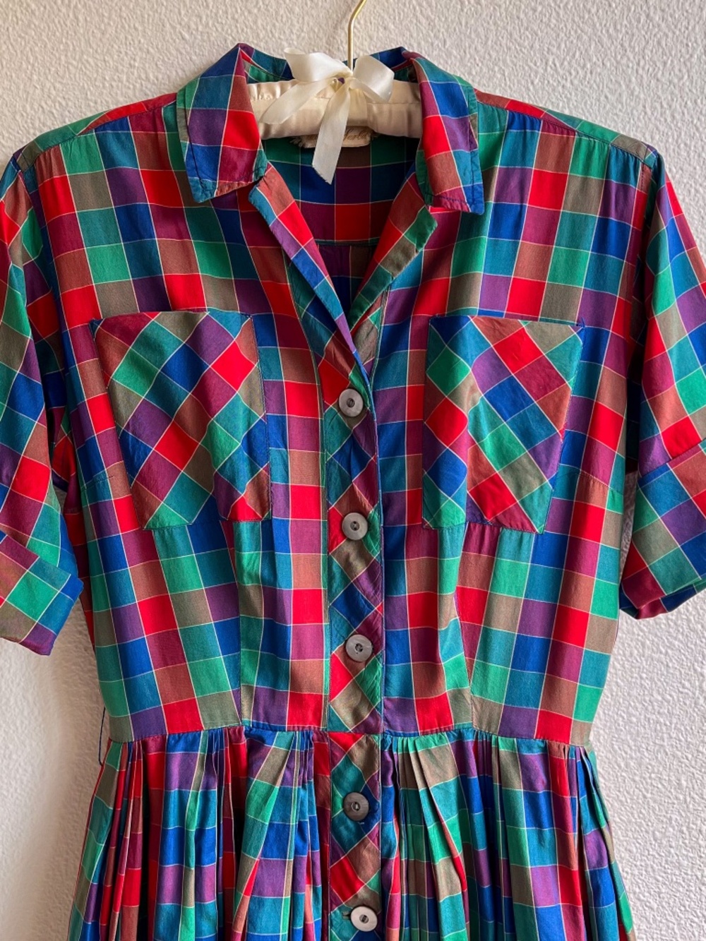 Gorgeous Vintage 1950s Red, Green, and Blue Plaid Silk Dress (S) - Picture 7 of 15